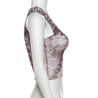 Sleeveless high neck print sheer mesh top