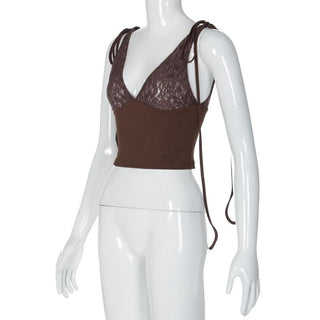 V neck see through lace ribbed patchwork ruched backless top