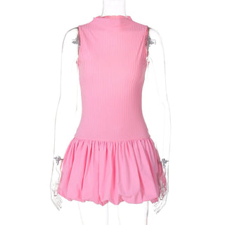 Sleeveless high neck ruched ribbed mini dress