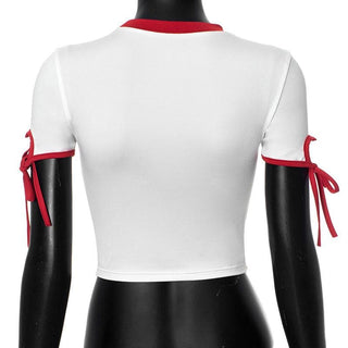 Short sleeve "55" pattern self tie crop top