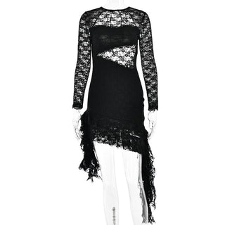 Lace backless solid ruffle long sleeve irregular mini dress - Final Sale