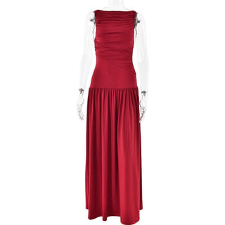 Ruched solid crewneck sleeveless maxi dress-final-sale