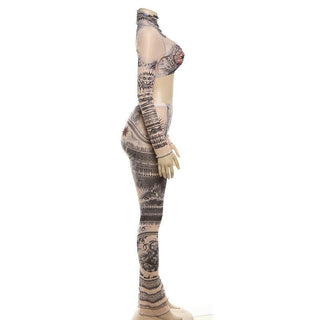 Long sleeve print high neck ruffle crop sheer mesh pant set