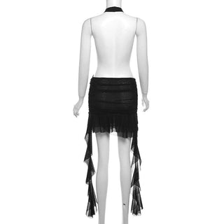 Halter ruffle o ring sheer mesh mini dress