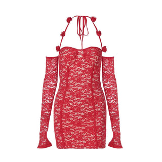 Halter long sleeve off shoulder lace mini dress