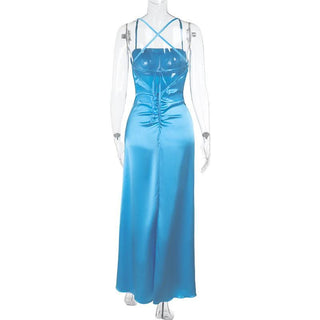 Cross back self tie ruched satin square neck maxi dress