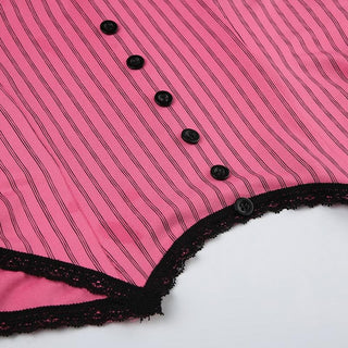 Button striped lace hem v neck contrast cami top
