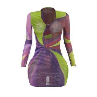 Long sleeve sheer mesh o ring print mini dress