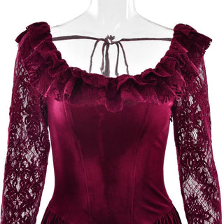 Long sleeve lace velvet self tie mini dress