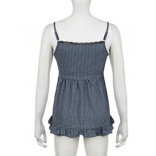 U neck plaid print patchwork lace hem ruffle top