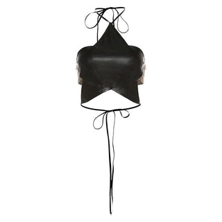 Halter PU leather star pattern backless crop top