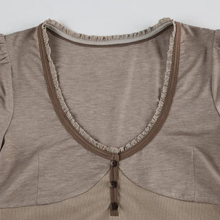 Short puff sleeve button stitch ruffle ribbed top