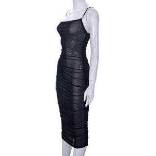 Sheer mesh see through one shoulder ruched irregular midi dress