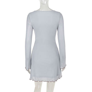 Long sleeve mesh flower print ruffle mini dress