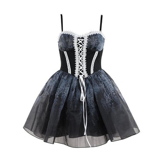Lace hem sweetheart neck lace up print ruched cami mini dress