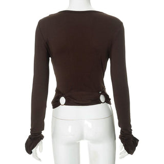 Long sleeve cowl neck o ring self tie ruched hollow out cut out top