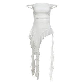 Off shoulder ruffle irregular mesh top