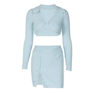 Button knitted solid long sleeve turnover collar mini skirt set-final-sale
