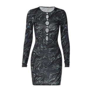 Ripple contrast long sleeve hollow out crewneck cut out mini dress