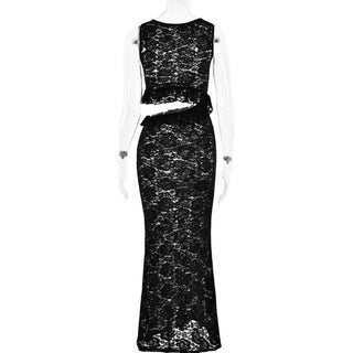 Crewneck hollow out lace ruched see through cut out maxi dress
