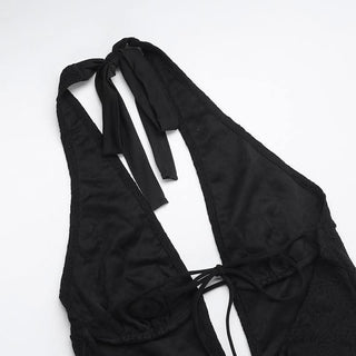 Halter self tie deep V neck lace backless jumpsuit
