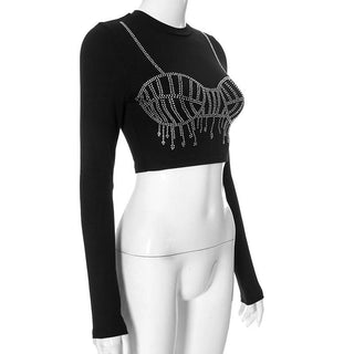 Long sleeve crewneck beaded crop top