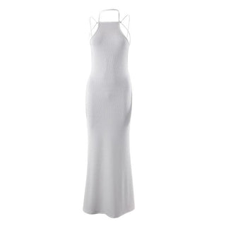 Ribbed halter self tie solid backless sleeveless maxi dress