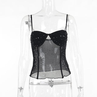 Sweetheart neck ruffle glitter backless stitch mesh cami top