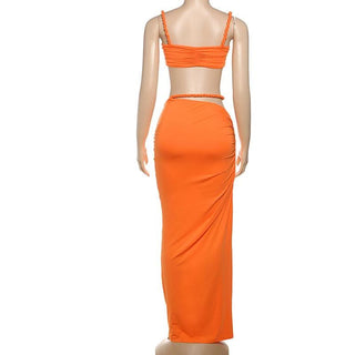 Irregular hollow out ruched v neck cami maxi skirt set