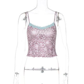 Print lace hem u neck backless cami top