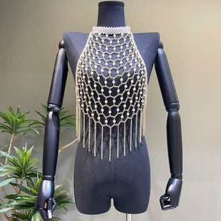 Halter metal chain beaded tassels backless hollow out cut out top