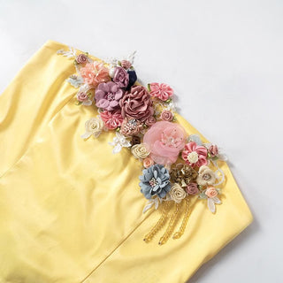 Satin bustier flower applique zip-up tube top