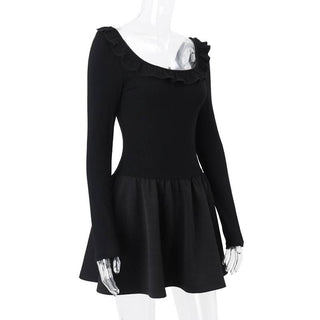 U neck long sleeve ruched ruffle mini dress