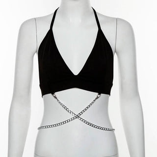 Halter self tie metal chain v neck backless top
