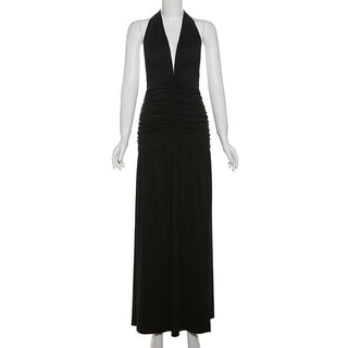 Halter deep v neck ruched backless maxi dress
