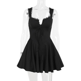 Lace hem button bowknot cami mini dress