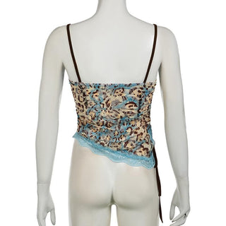 Lace leopard print irregular knotted cami top