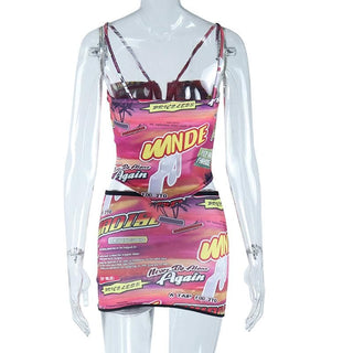 Letter print padded notch neck corset cami mini skirt set