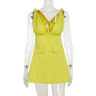 V neck ruched solid cami mini dress