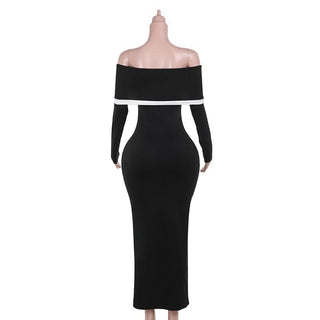Long sleeve off shoulder contrast backless maxi dress