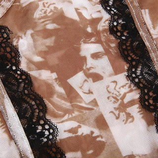 Cross back lace hem backless mesh contrast print cami top