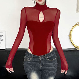 High neck long sleeve mesh hollow out bodysuit