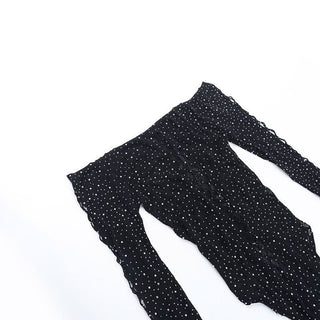 Off shoulder long sleeve beaded hollow out fishnet bodysuit