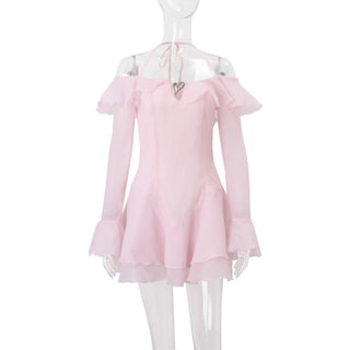 Halter off shoulder long sleeve ruffle metal applique mini dress