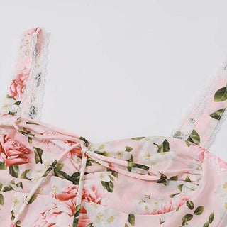 Rose print knotted ruched lace hem cami midi dress