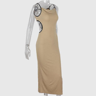 Ribbed contrast hollow out self tie backless slit cami cut out midi dress