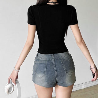 Crewneck short sleeve "EMBRACE" pattern crop top