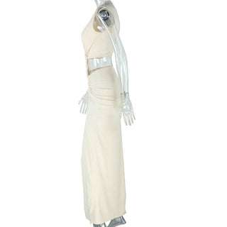 Irregular ruched slit hollow out v neck cut out maxi dress