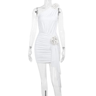 One shoulder flower applique ruched mini dress