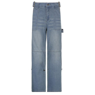 Hollow out belt patchwork button applique jeans-final-sale